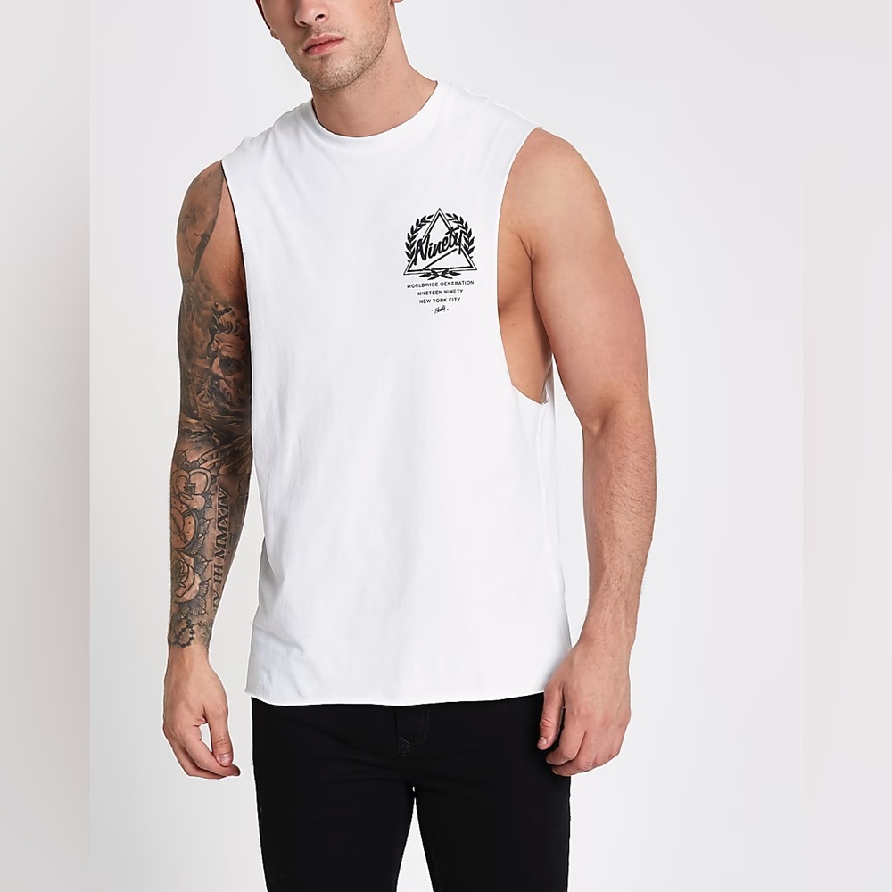 River Island Mens White 'NINETY' Logo Tank Top